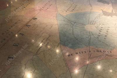 First completed attempt of the indoor map of old Texas installed with 3.4 mil vinyl and etching solution, and dye on polished concrete.