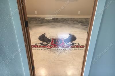 Finished Design Crete logo completed using our 3.4 mil vinyl and Red and Varying degrees of black concrete dyes.