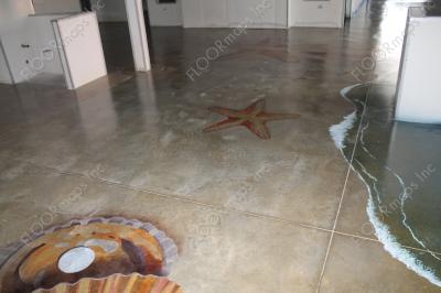 Aquarium themed creatures installed on a Polished Concrete Floor using dye and 3.4 mil vinyl finished with sealer.