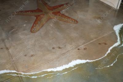 Aquarium themed creatures with footprints installed on a Polished Concrete Floor using dye and 3.4 mil vinyl finished with sealer.