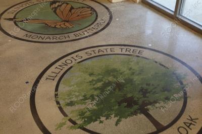 In progress Illinois state symbols installed using 3.4 mil vinyl Stencils and Dye on Polished Concrete.