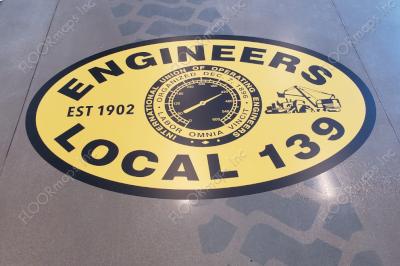 Local 139 Logo combination 3.4 mil vinyl Print and 3.4 mil vinyl stencil with Dye on Polished Concrete