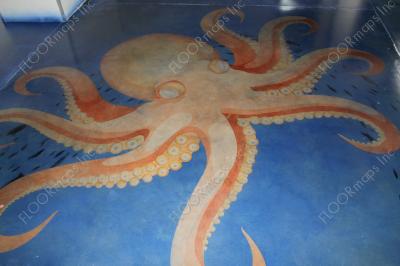 Orange octopus surrounded by blue created on a polished concrete floor using dye and 3.4 mil vinyl finished with sealer.