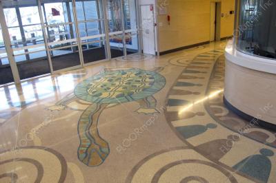 Facing the front portion of a custom 17 ft turtle and background design finished to a perfect polish in the Echuca Regional Health hospital lobby.