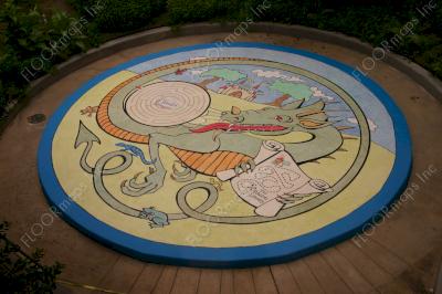 Overview of dragon design on concrete overlay using 2 mil HighTack vinyl stencils and Arizona Polymer Cem-Dye.