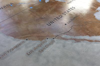 Pacific War World Map years 1941-1945 installed using 30 mil Blast Resist vinyl stencil on previously colored brown cementitious overlay, sand blasted and colored with black concrete stain.