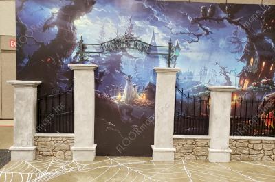 Floormaps Manor gate has been put together with Halloween 80/20 perforated print backdrop and white 3.4 mil vinyl decal floor.