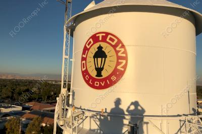 Water tower with Old Town Clovis Seal installed with paint using our 2 mil high tack vinyl stencils.